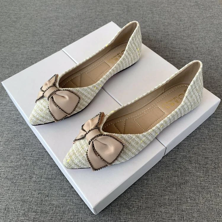 舒适温柔尖头软底单鞋女2025春季新款蝴蝶结韩版百搭浅口平底鞋子