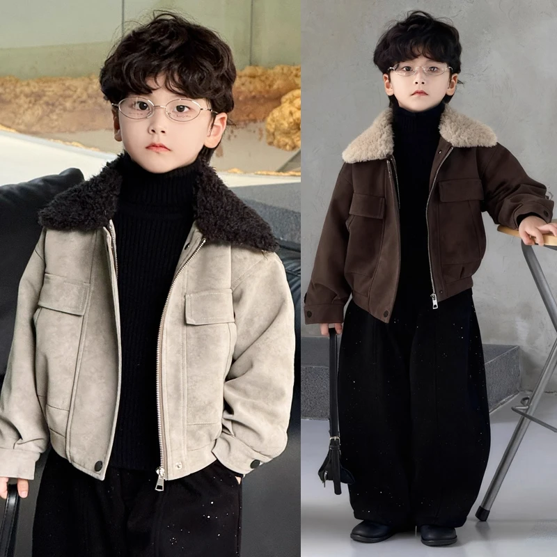 男童外套秋冬装新款帅气儿童复古港风皮衣宝宝加厚加绒棉衣皮夹克