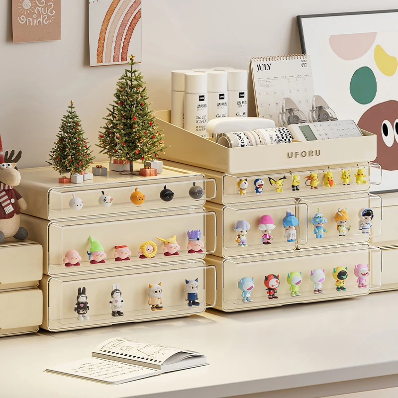 橱明星手办展示盲盒架泡泡玛特透明摆件萌粒桌面抽屉式收纳防尘盒