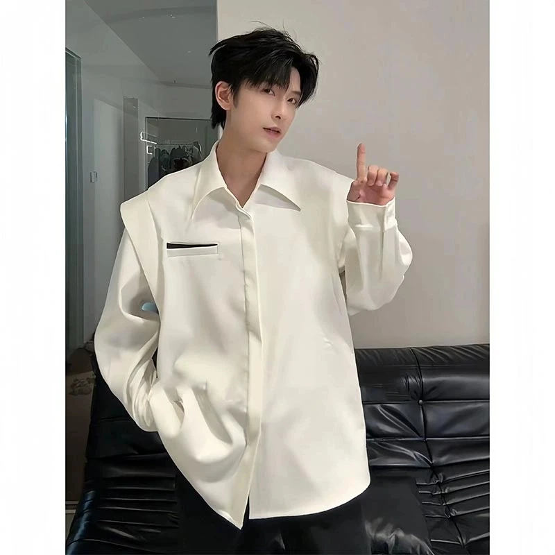 英伦雅痞男装白色长袖衬衫男款春季高级感美式轻熟风内搭休闲衬衣