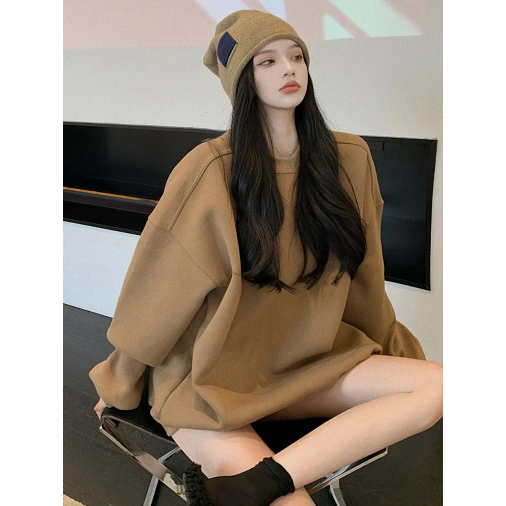 棕色卫衣女秋冬宽松慵懒风高级感美式休闲中长款加绒上衣外套
