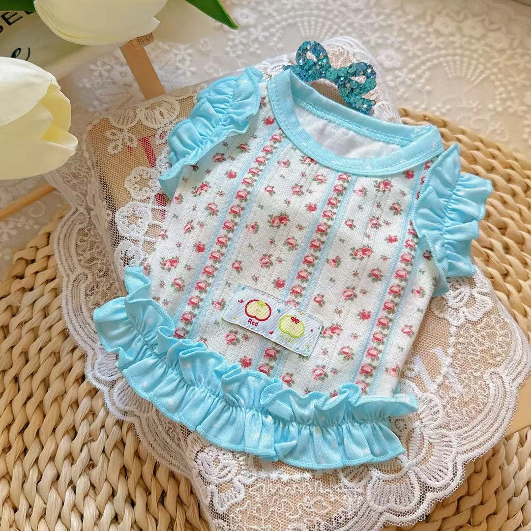 新款宠物服蓝色碎花木耳边背心