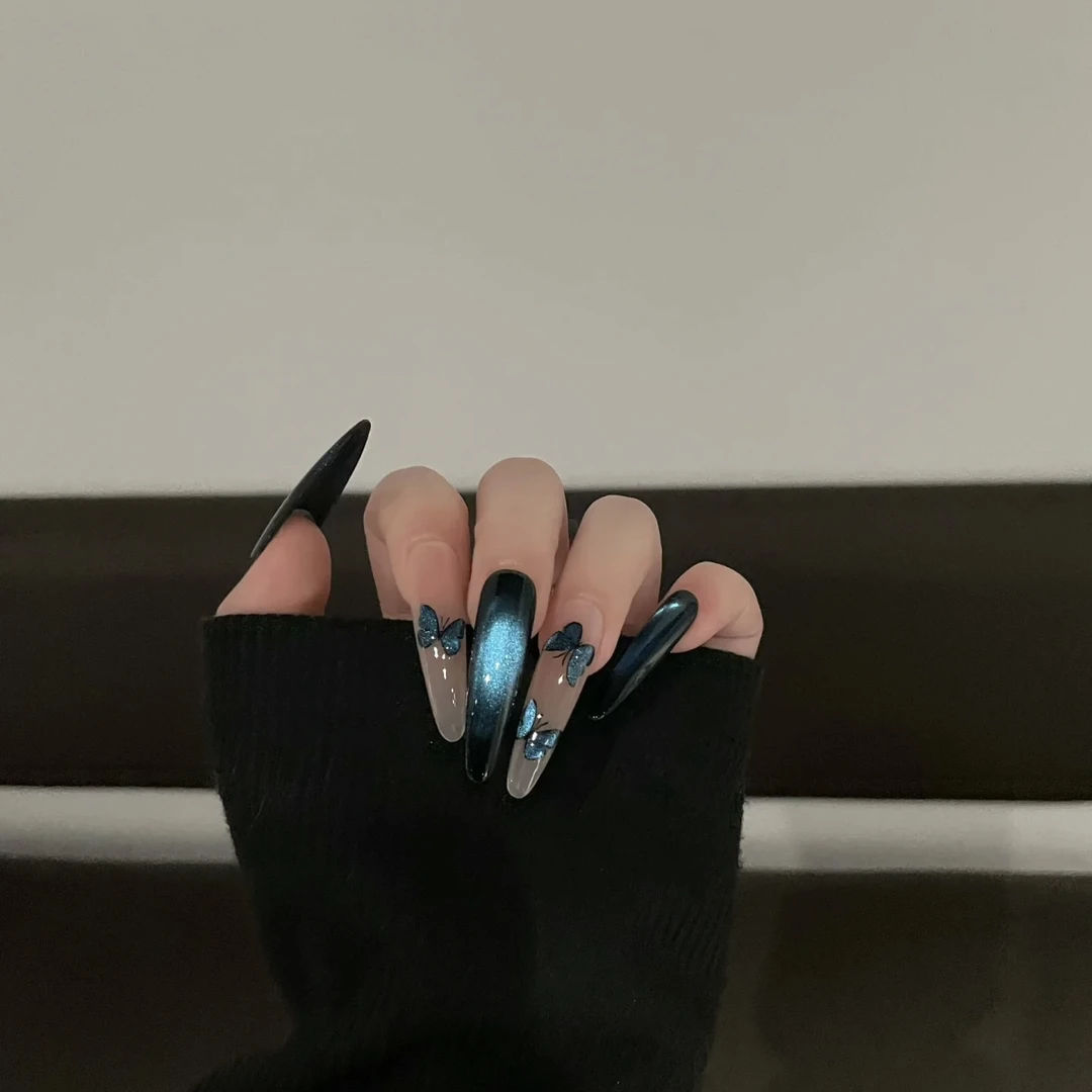 蝶影幻梦高级感手工穿戴甲猫眼黑蓝色御姐细狗尖美甲长款显白甲片