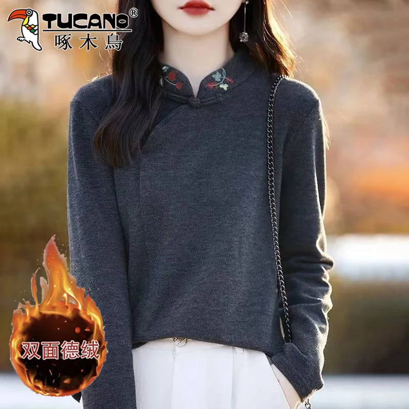 啄木鸟双面德绒长袖女装新款秋冬一体绒保暖打底衫中式刺绣上衣服