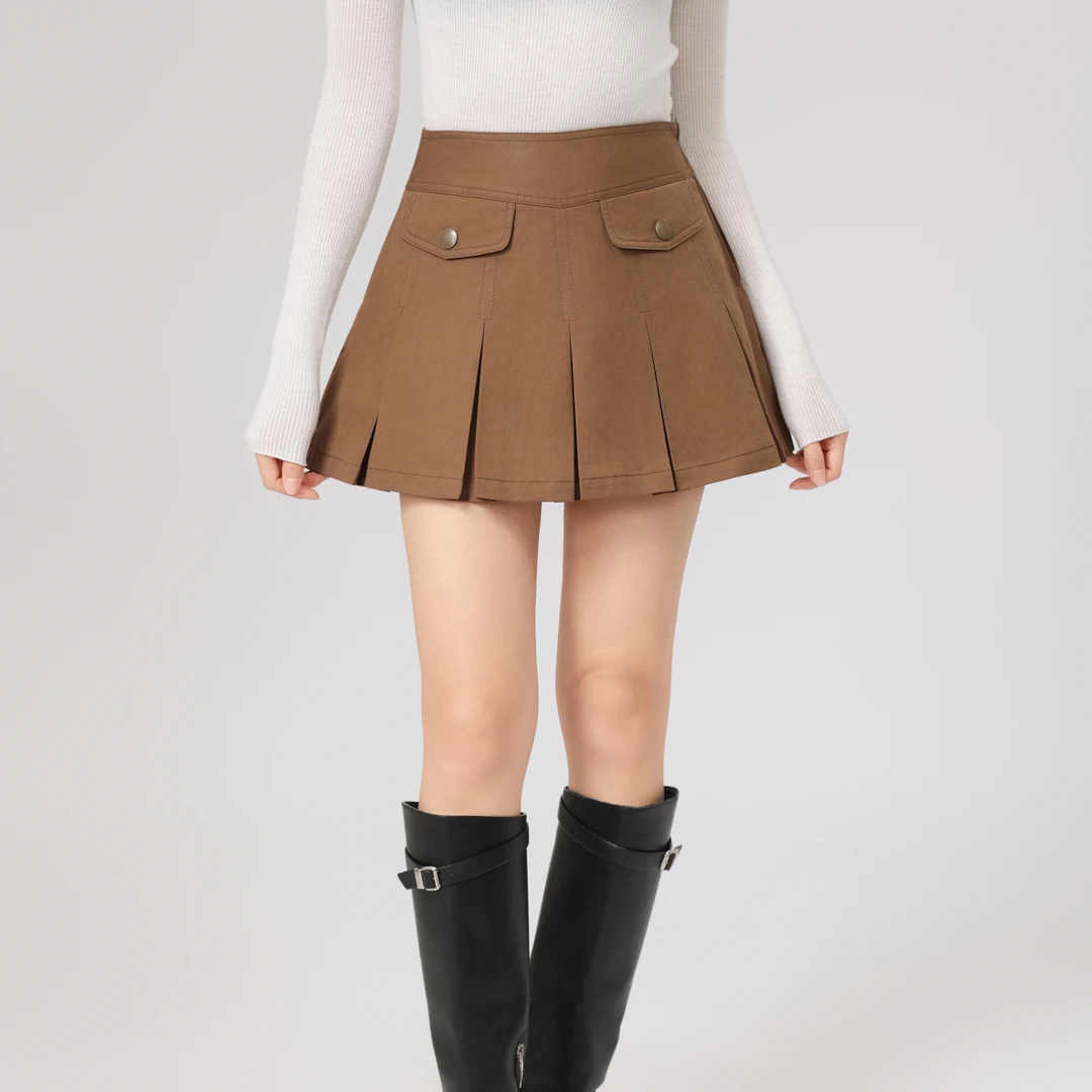 AMASS/阿玛施早春新款A字半身裙不规则百搭中腰打褶短裙520005