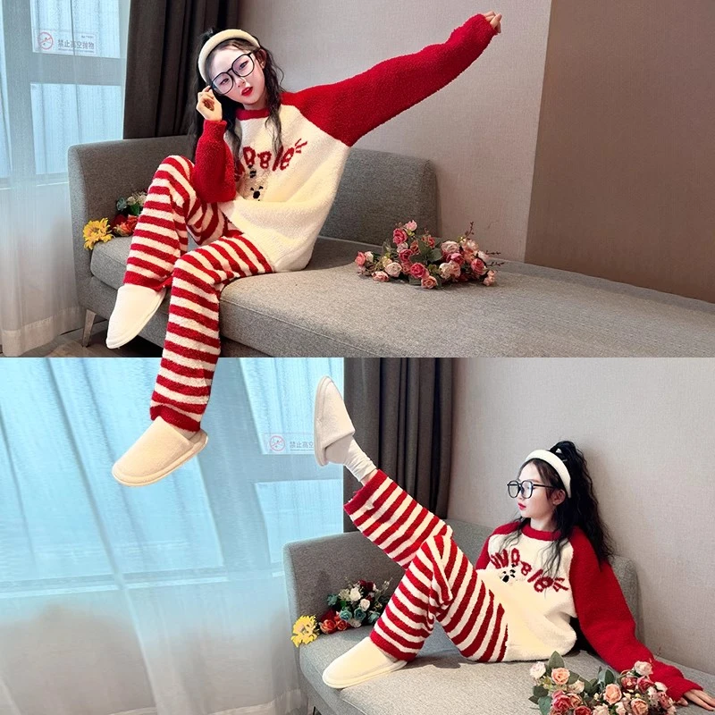 儿童红色半边绒家居服2026新款初中生冬装保暖睡衣女大童居家爆款