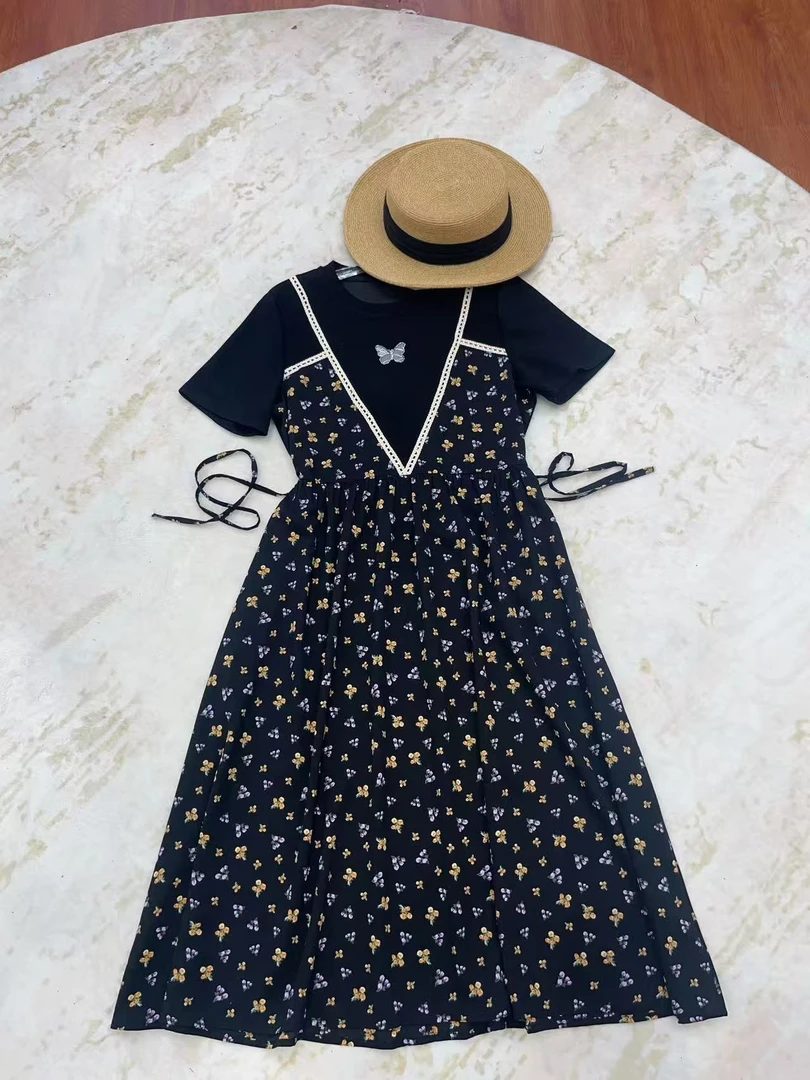 『造梦旅人』有口袋2025夏季新款拼色设计师款浪漫假两件碎花连衣裙