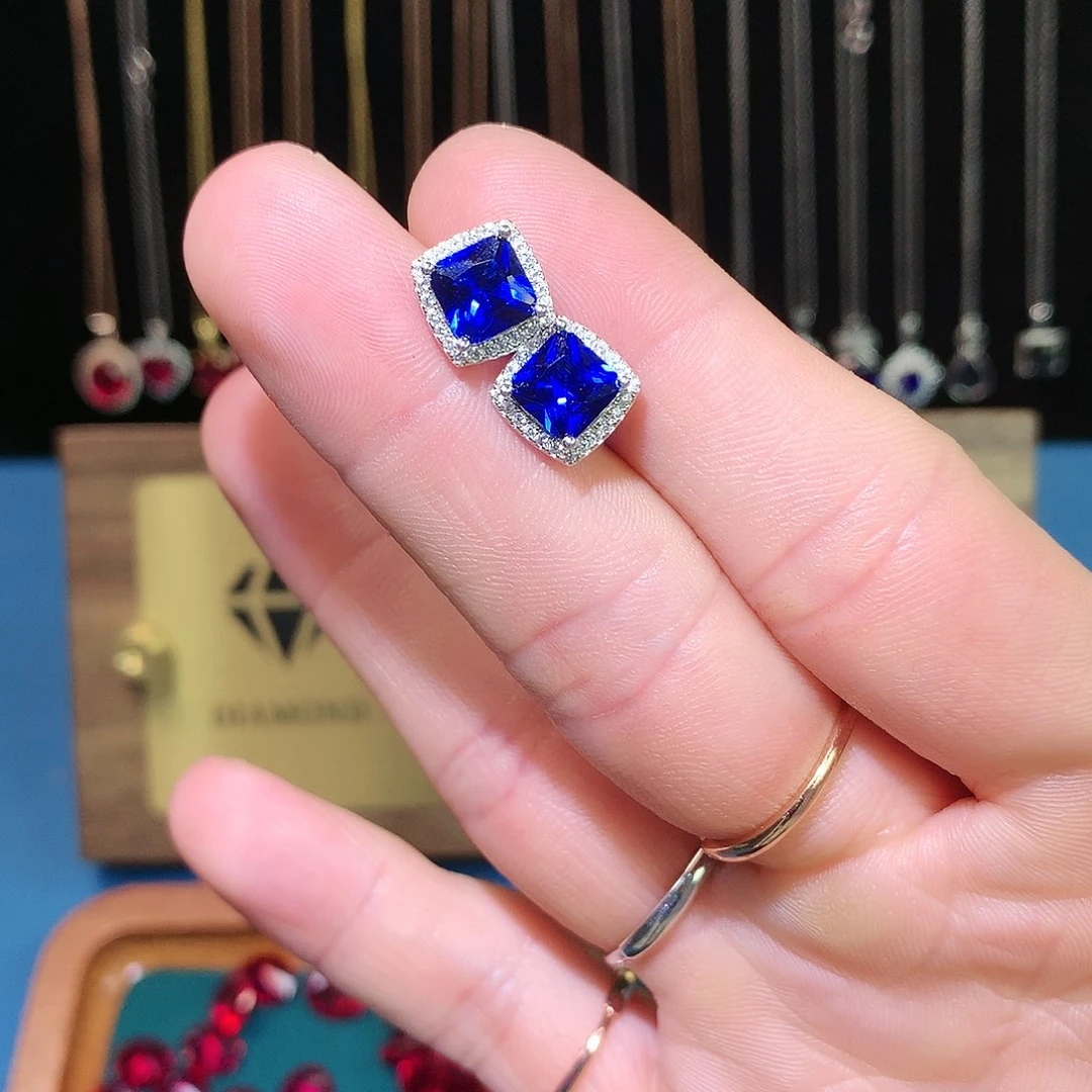 蓝宝石耳饰银S925镶嵌