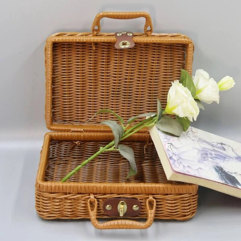 化妆品整理仿藤箱子复古道具手提箱伴手礼高端送礼手工编织收纳
