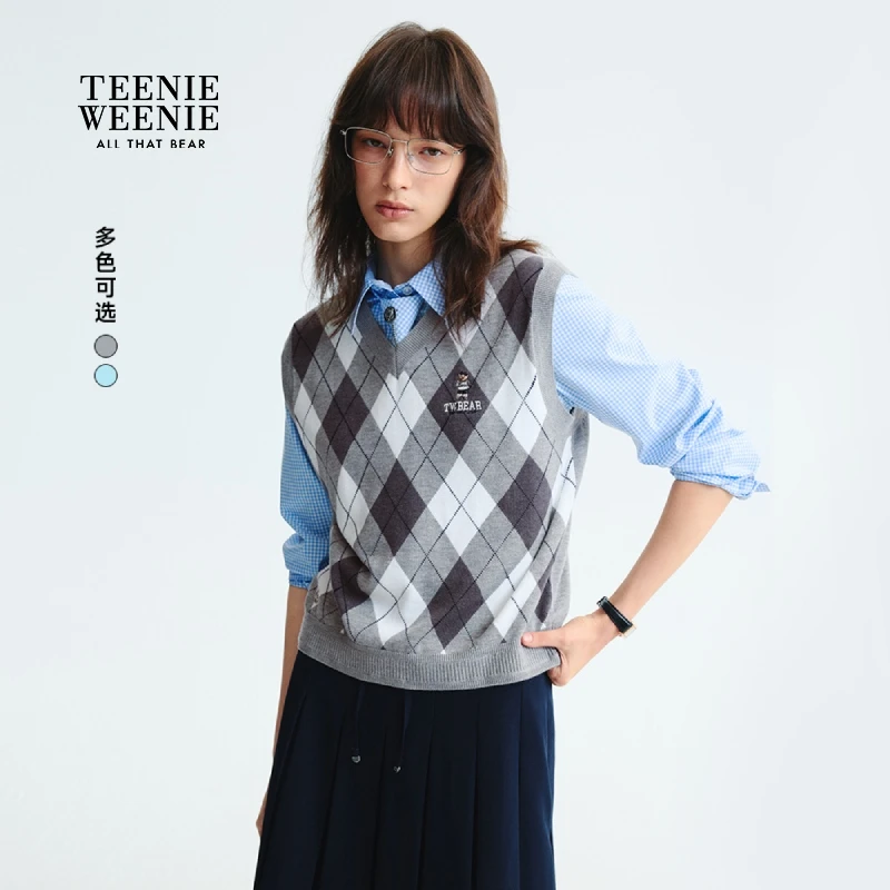*TeenieWeenie小熊女毛针织衫25学院风菱形格V领背心TTKN253801P