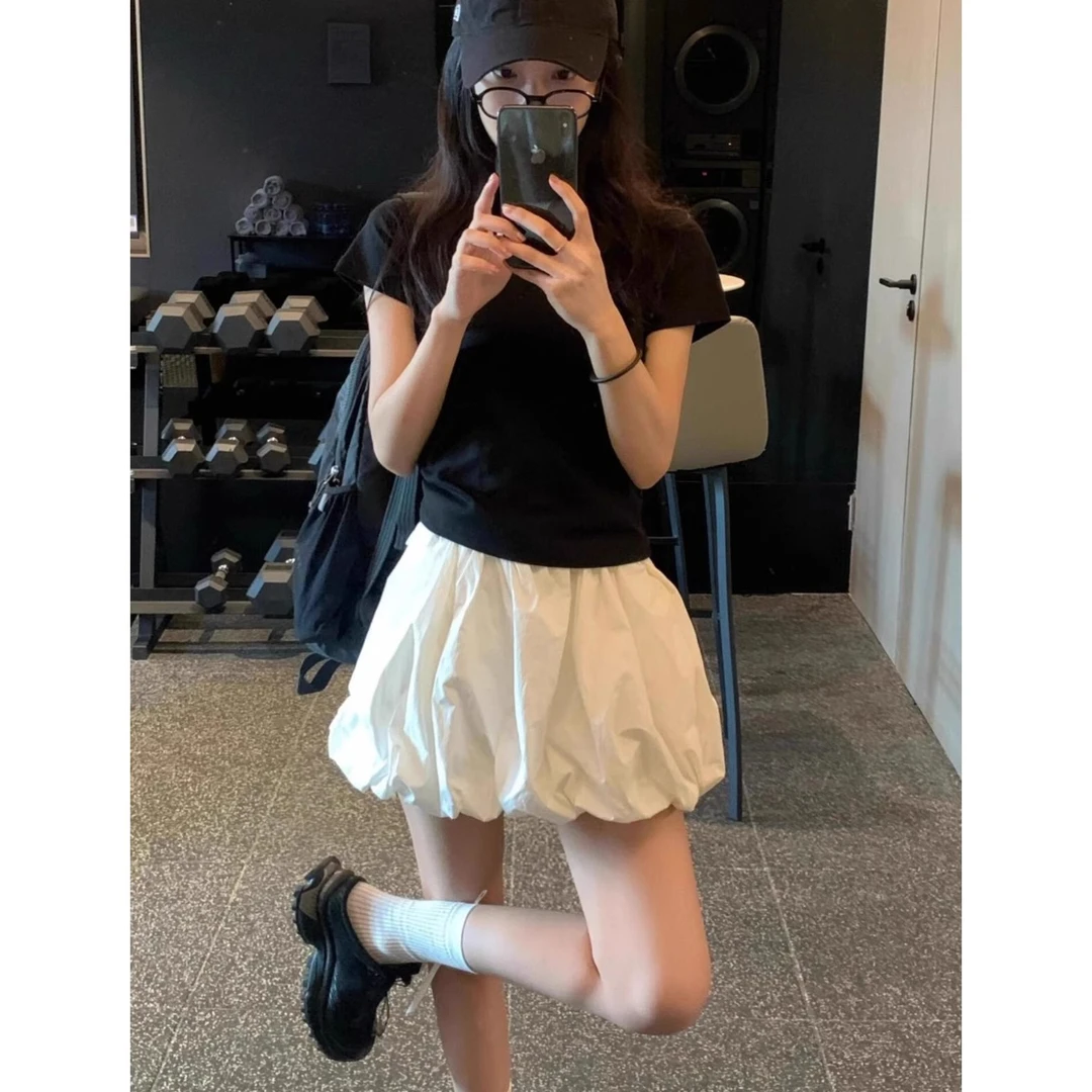 白色花苞半身裙女2025夏季新款高腰休闲显瘦设计感小个子A字短裙