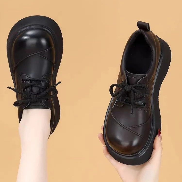 真软皮厚底圆头系带皮鞋女士2026冬季新款加绒百搭松糕英伦乐福鞋