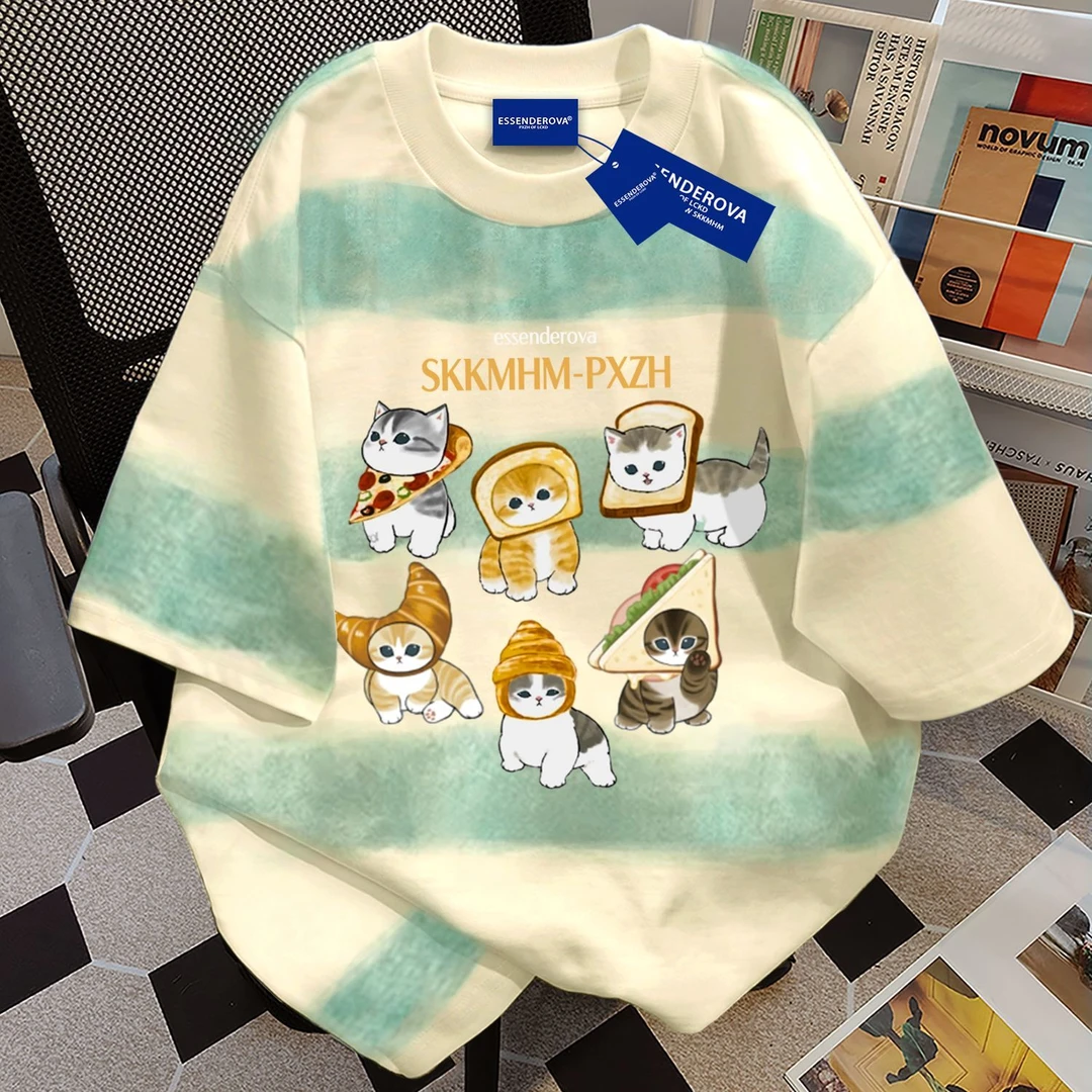 100%纯棉美式设计感短袖t恤男女夏季扎染渐变条纹圆领情侣上衣ins