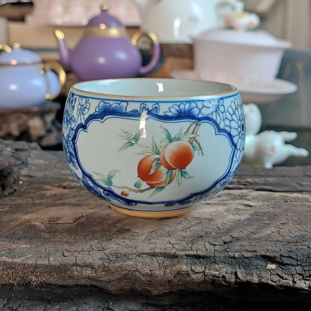 青花禅定开窗桃子150毫升主人杯复古主人家用陶瓷茶杯品茗泡茶碗