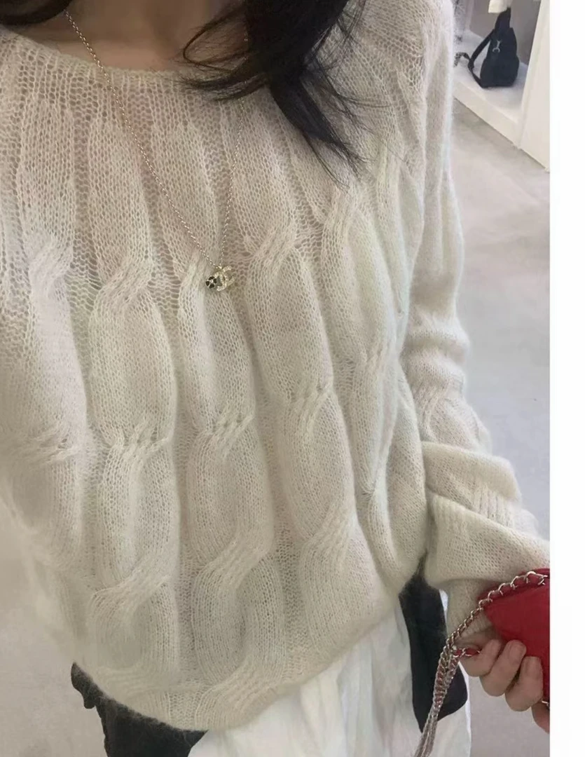 纯色麻花马海套头秋季薄款软糯宽松立体麻花马海针织套头衫