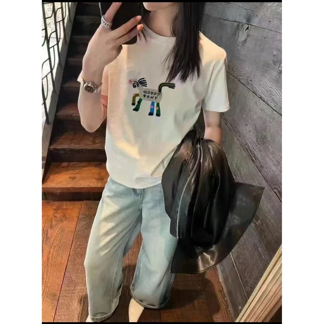 圆领刺绣宽松型新潮风短袖T恤印花卡通薄雾少女风显瘦运动针织