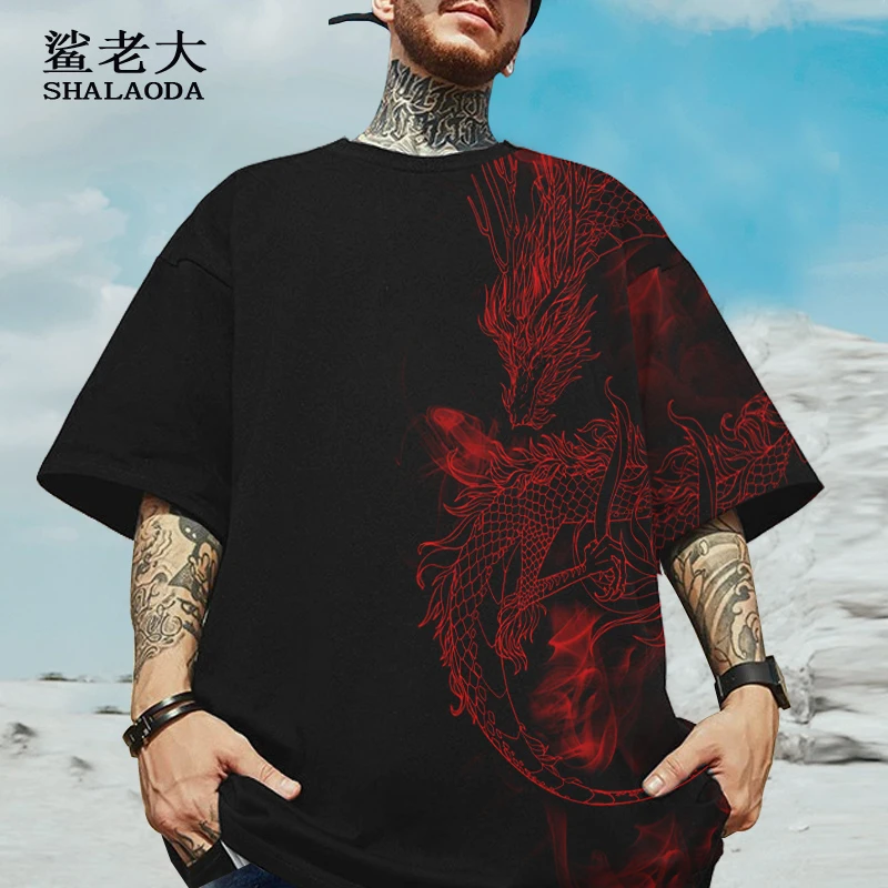 龙印花落肩短袖T恤男oversize夏季薄款圆领半袖设计感小众体恤衫
