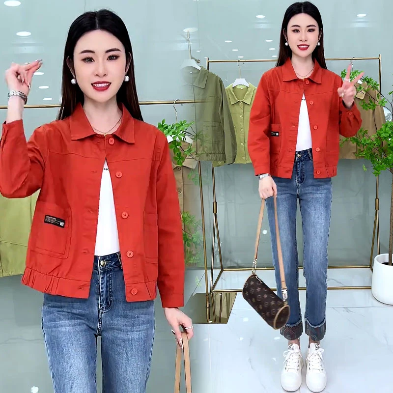 纯棉2025年春秋新款女士工装短外套小个子洋气减龄POLO领短款开衫
