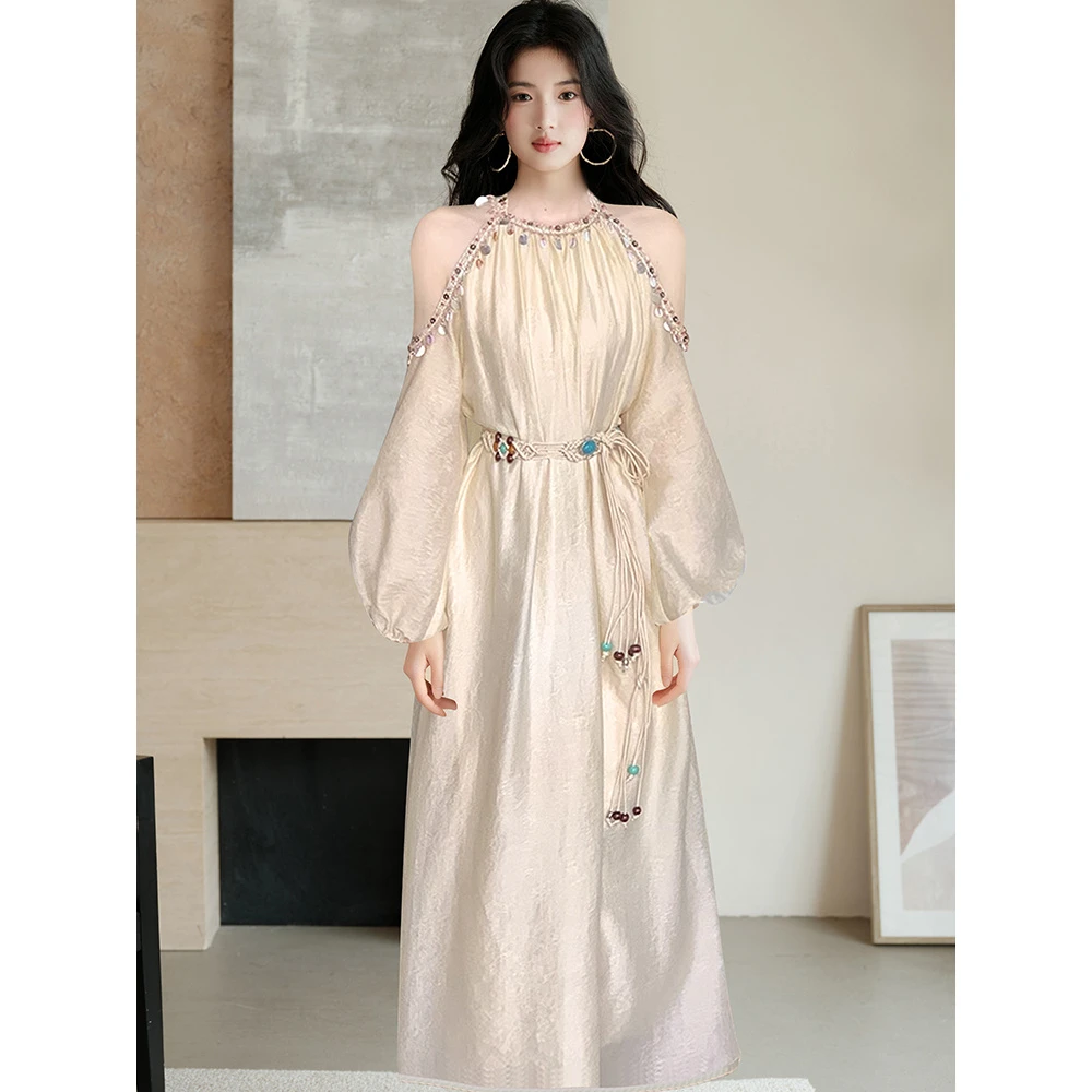 我的阿勒泰手缝贝壳花边浅杏色连衣裙波西米亚度假风茶歇长裙复古