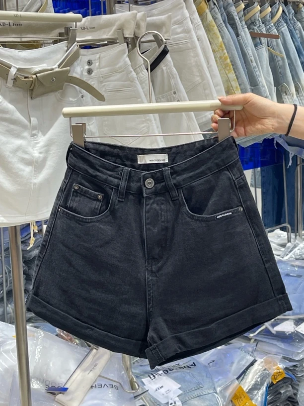 568黑灰色高腰纯色原色高腰显瘦时尚新款无弹短裤