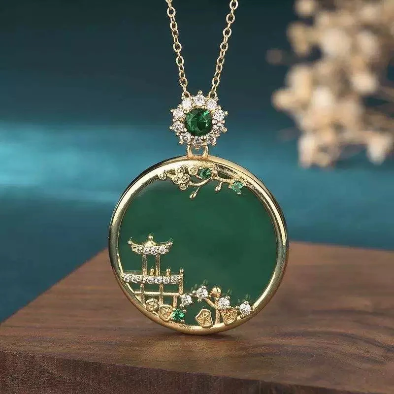 【天意珠宝阁】甄选优质满绿满肉正阳绿山水楼台吊坠