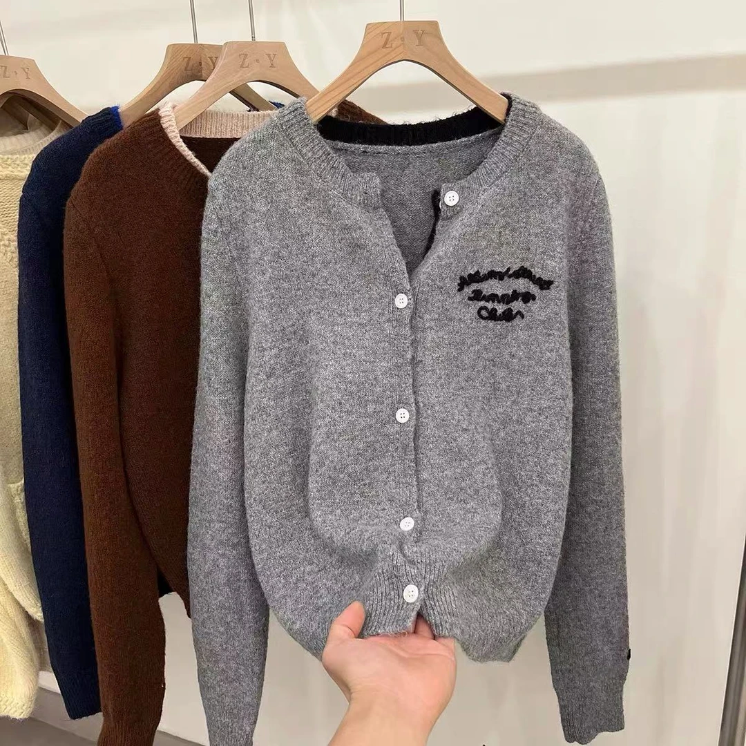 韩系宽松显瘦假两件字母刺绣针织毛衣开衫外套女圆领长袖上衣