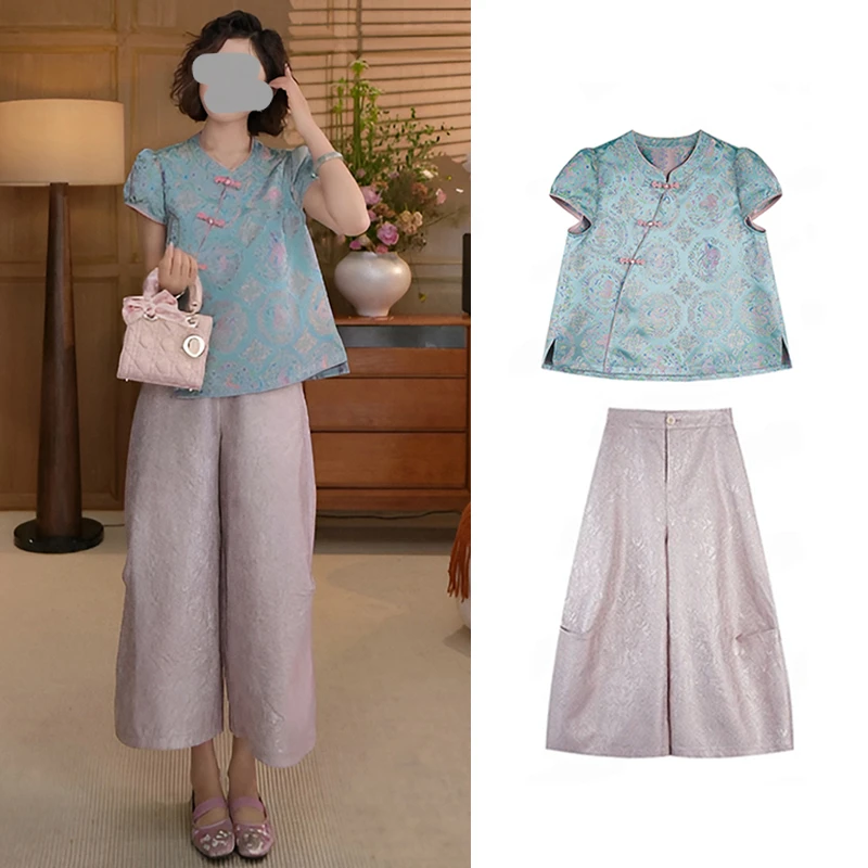 新中式高级感气质女装2025夏季新款中新中式国风短袖阔腿裤两件套