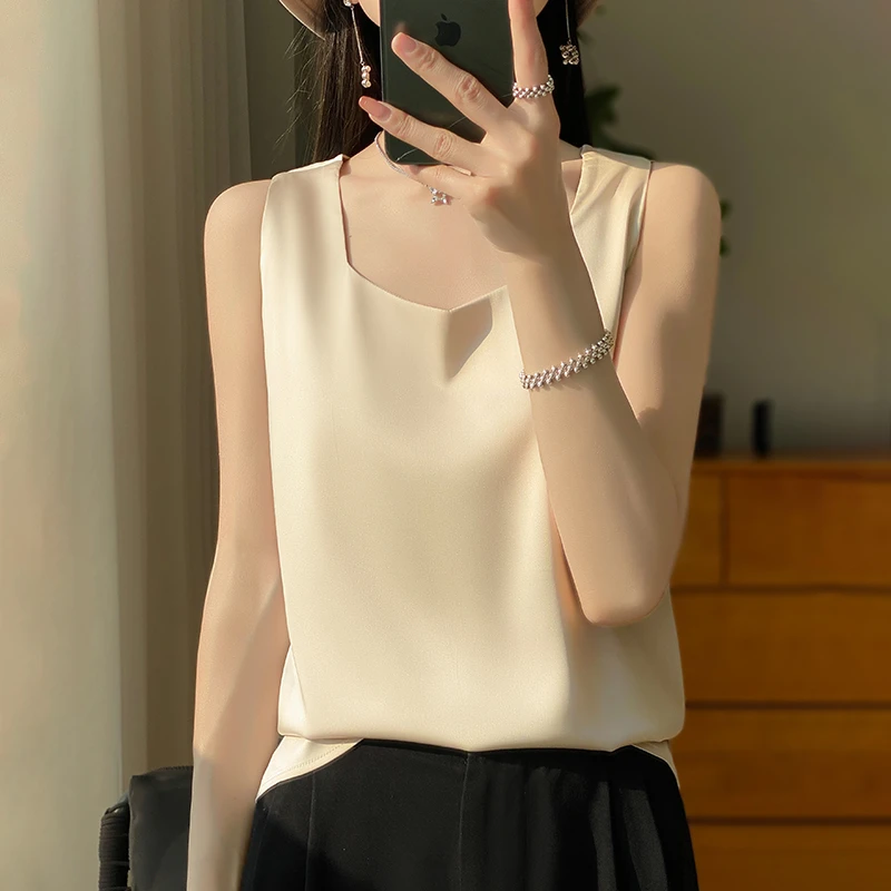 弹力缎面V领吊带背心女夏季新款无袖内搭设计感小众打底衫上衣