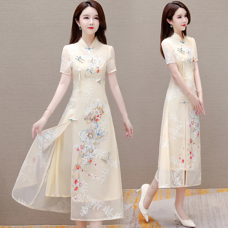 2025夏季新款中国风印花改良旗袍连衣裙气质妈妈修身中长款裙子
