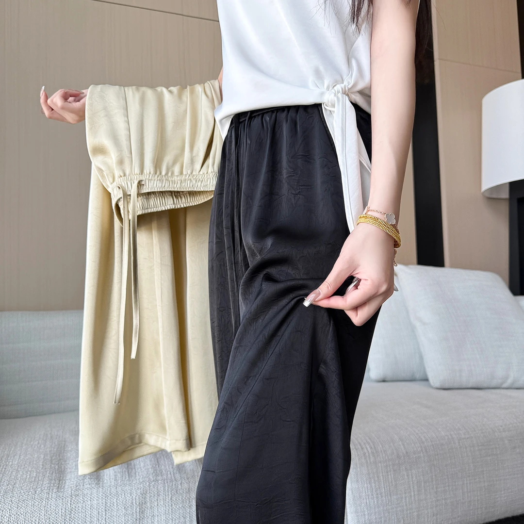 150小个子冰丝缎面西装裤女夏季薄款高腰垂感直筒阔腿裤显高裤子