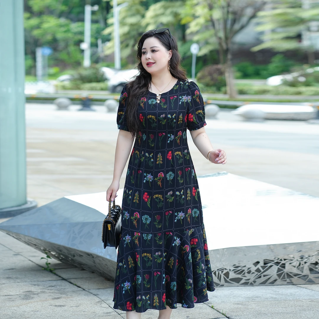 【油画花海】大码连衣裙2025女装夏季新款显瘦气质法式碎花雪纺裙子