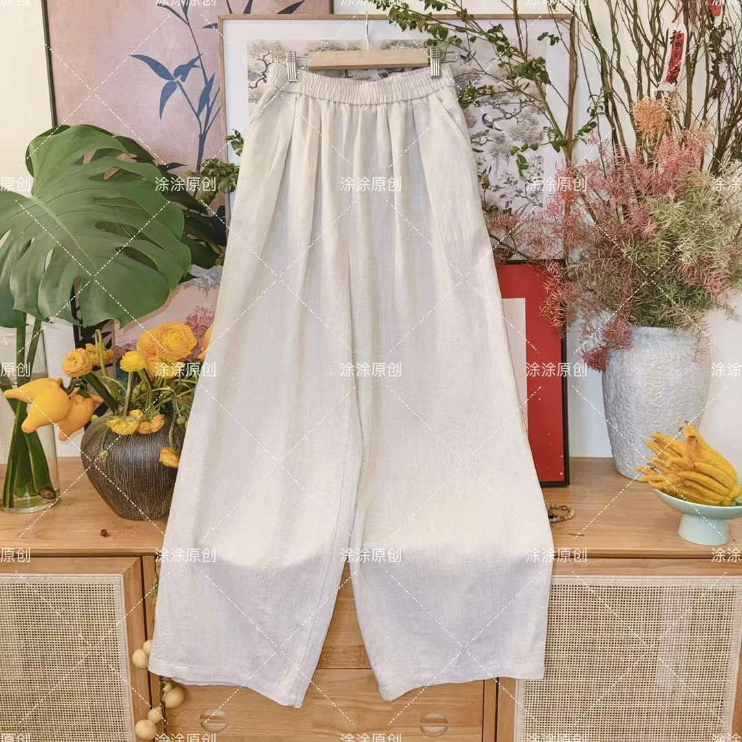 涂涂国风【夏季亚麻裤】原创设计新中式亚麻阔腿松紧腰长裤