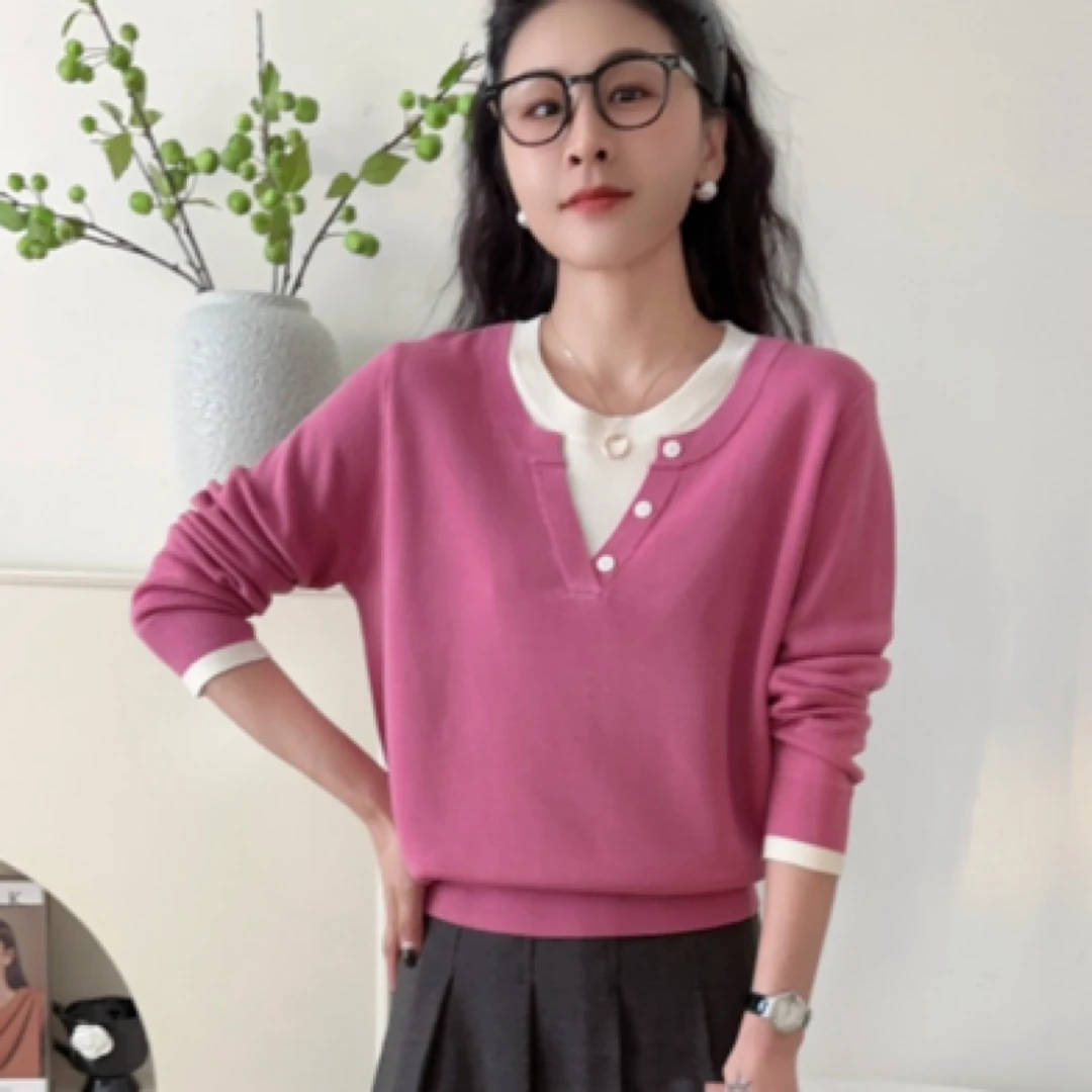 冰丝假两件V领长袖百搭单穿时尚