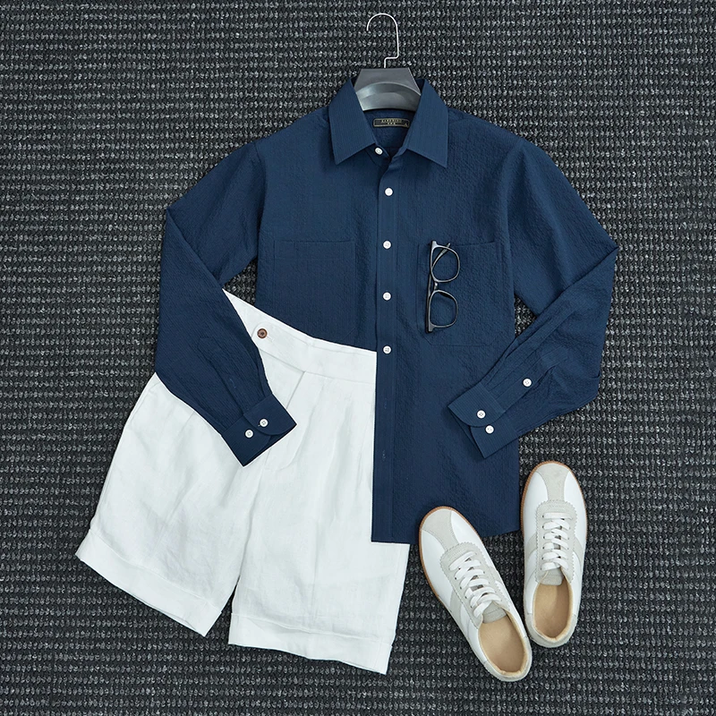 春季轻盈泡泡纱面料 高档多口袋男士商务透气休闲长袖衬衫男外套