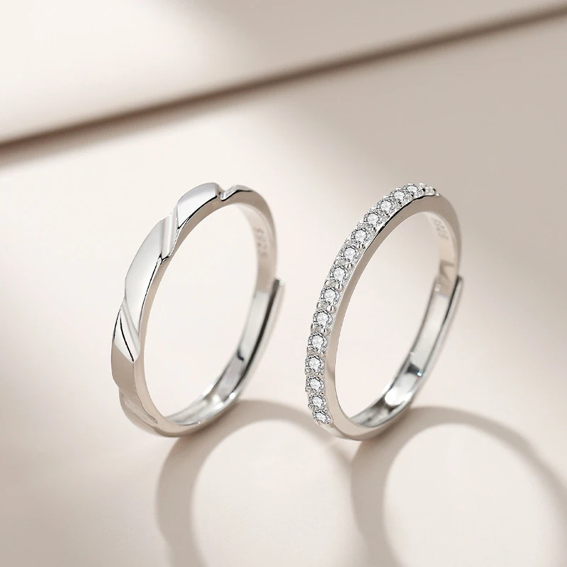 925银戒指 S925纯银排钻方糖活口气质女款百搭小众素圈韩版戒指