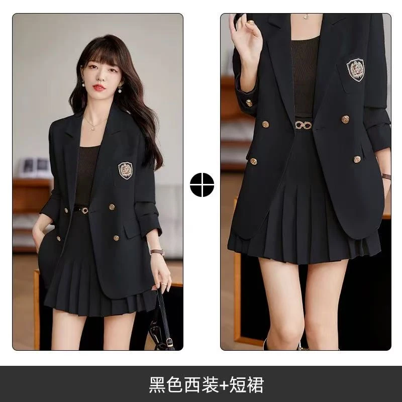 英伦学院风西装外套女春季2025新款高级感休闲炸街百褶裙西服套装