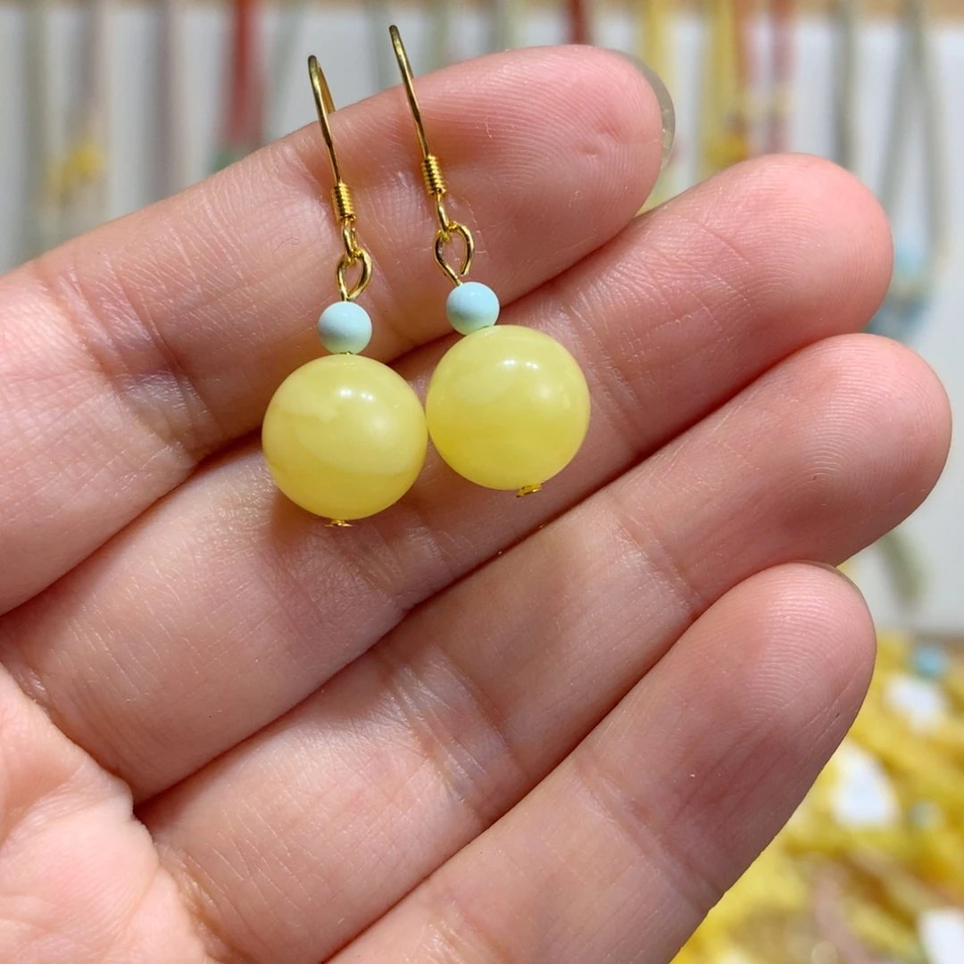 蜜蜡银S925镀金镶嵌耳饰10mm