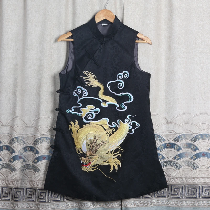 复古民族风新中式手工盘扣中长款刺绣花金凤凰马甲裙中国风女上衣