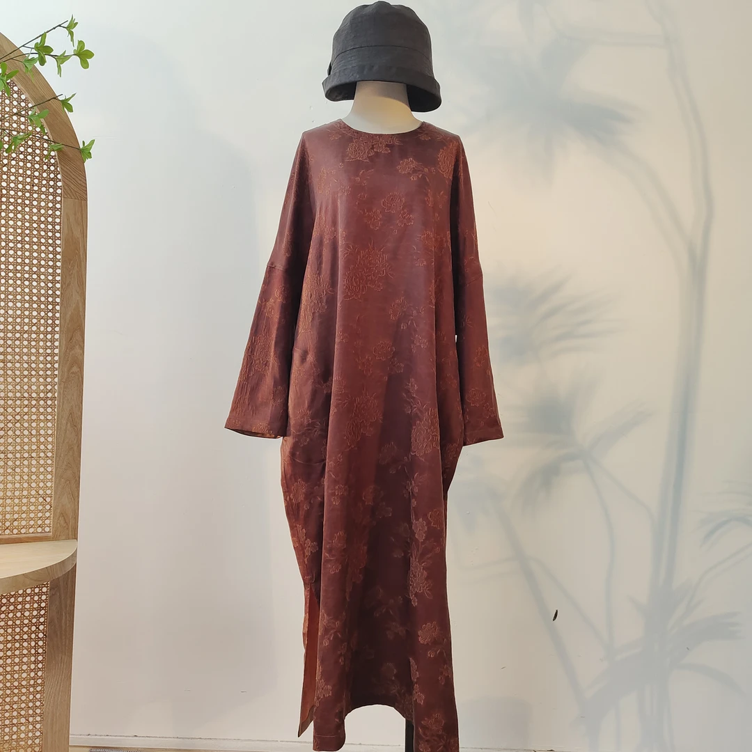 重缎冠乐绉香云纱长款圆领双面穿宽松长款连衣裙