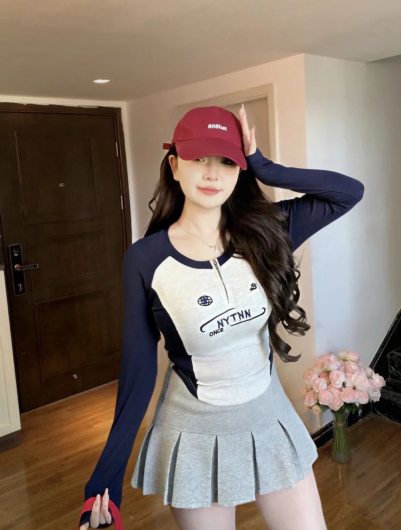 修身长袖t恤女春秋chic上衣拉链内搭打底衫短款拼接外穿紧身体恤