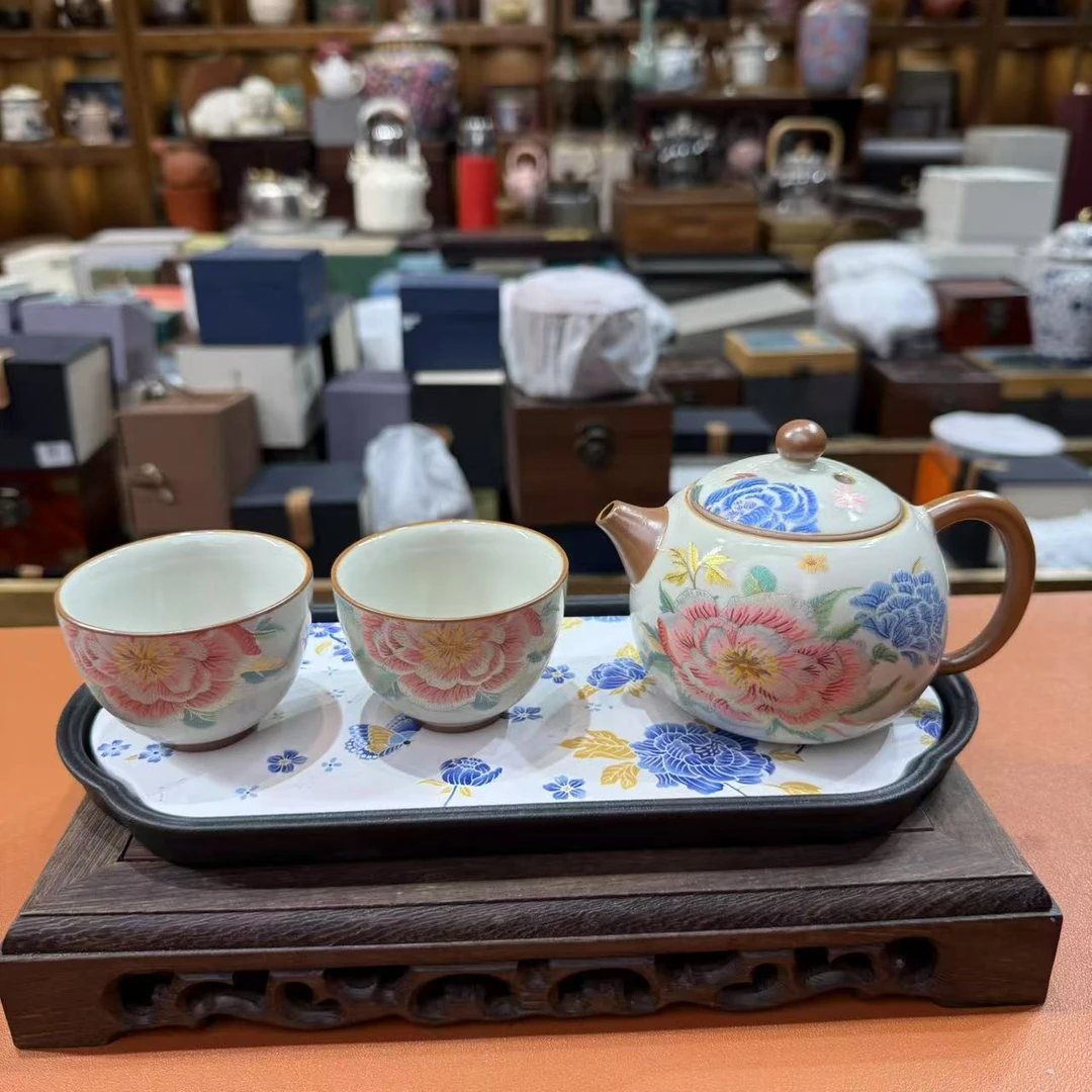 汝窑刺绣牡丹西施壶带两杯加茶盘 MC049