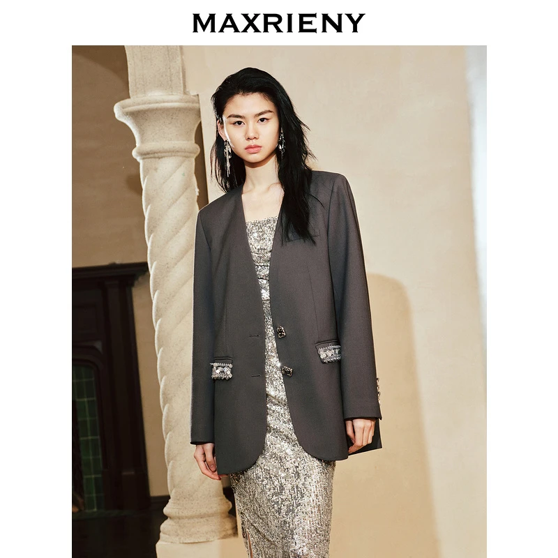 【达人专属】MAXRIENY都市奢华感无领廓形西装外套202