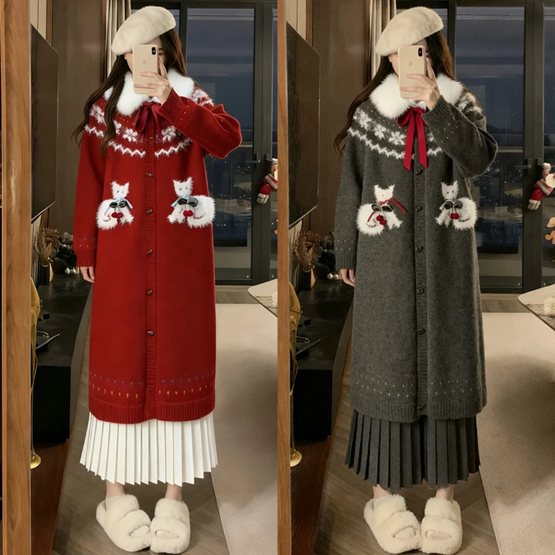 大码胖mm秋冬新款甜美风圣诞雪花毛衣开衫外套高腰半身裙两件套装
