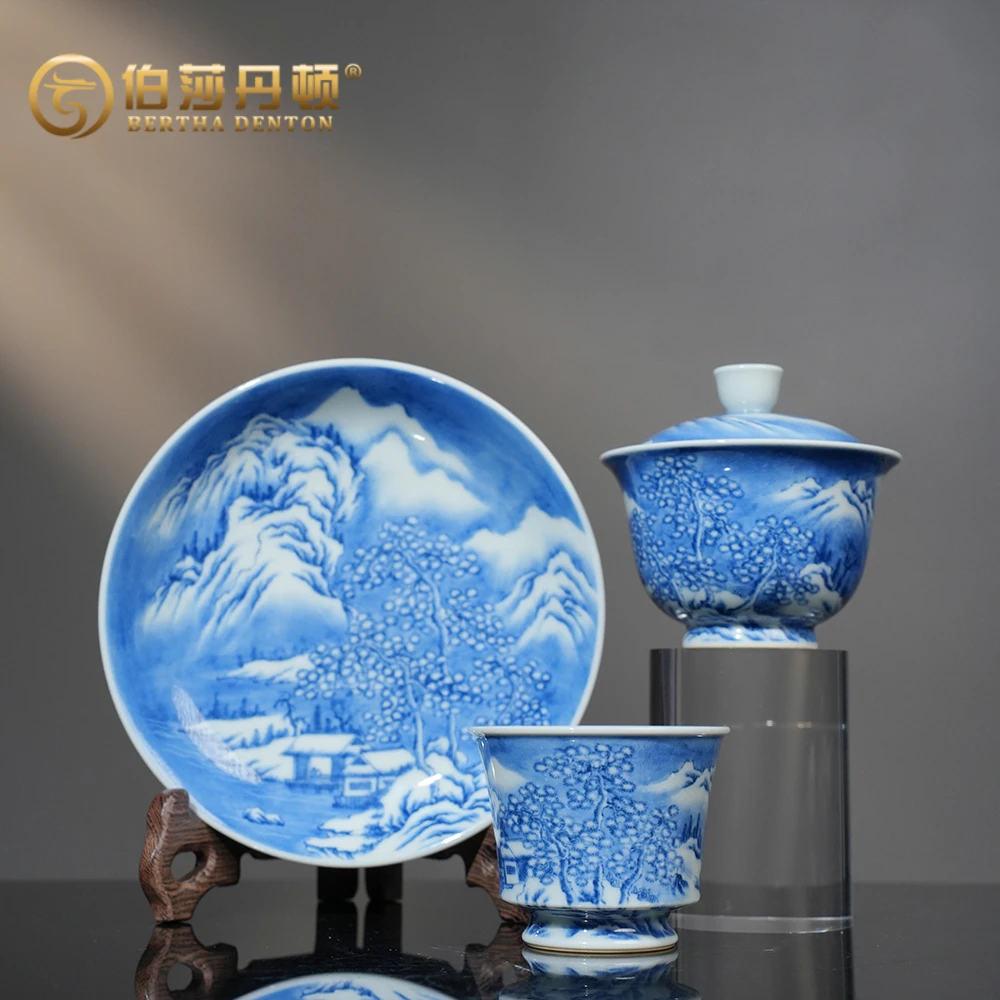 BERTHA DENTON松涛雪韵雪景北派山水景德镇釉下彩手工青花手绘