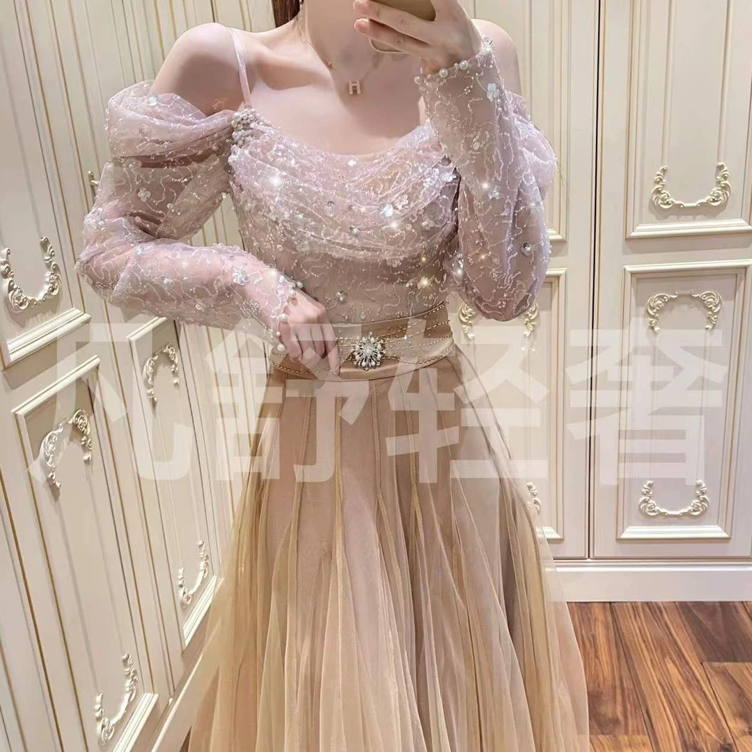 WEIFANSHU/魏凡舒【粉黛佳人】夏季新款重工高端亮片网纱甜美上衣