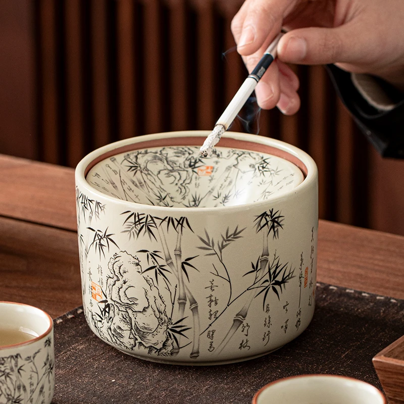 汝窑烟灰缸带盖防灰尘陶瓷茶水茶渣缸水盂杯洗家用桌面茶具配件