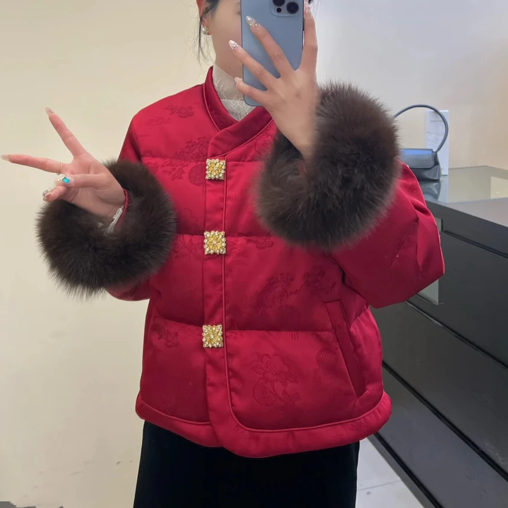 新中式浮雕提花棉服2024冬季袖口可拆卸毛毛盘扣保暖加厚棉服外套