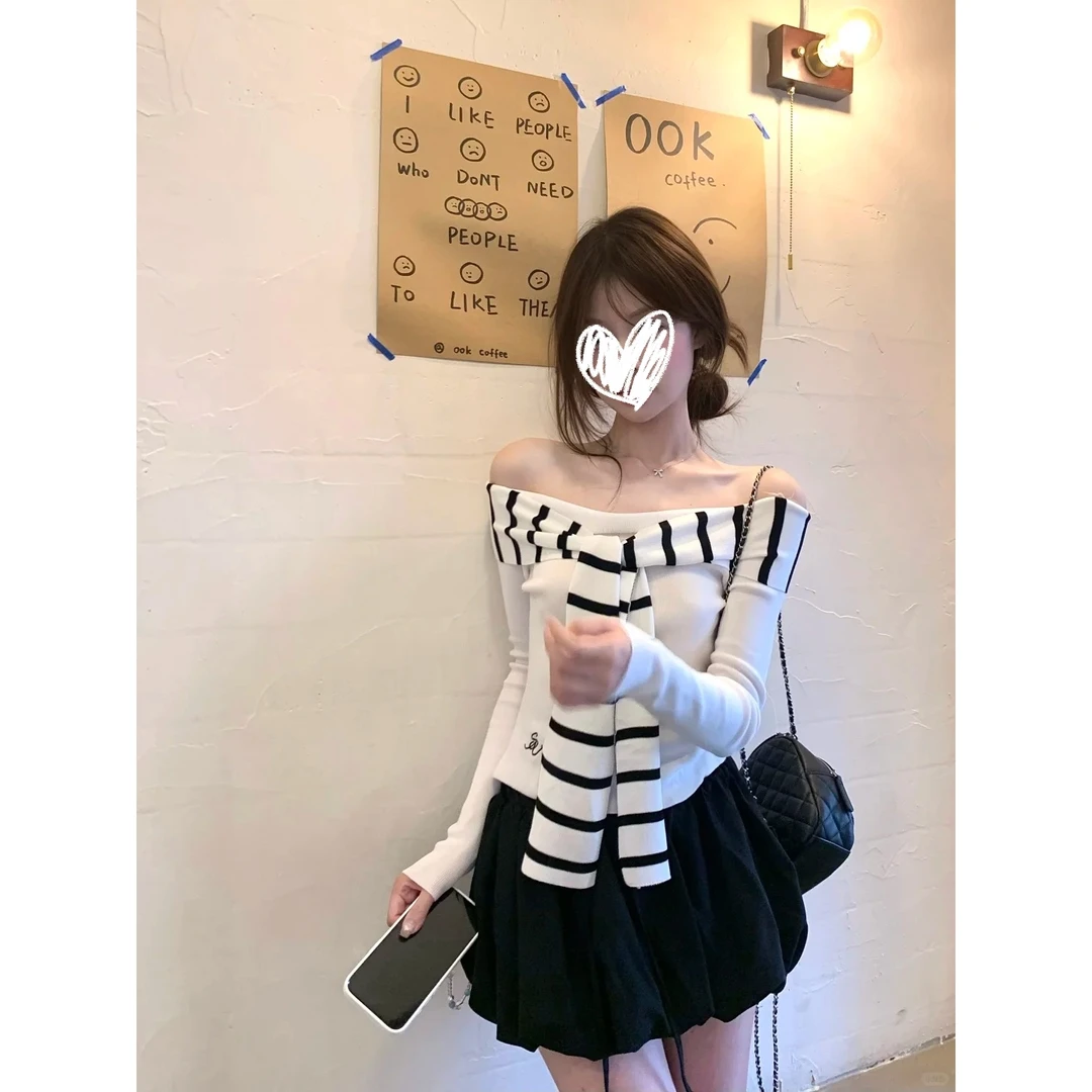 韩系刺绣条纹拼接系带长袖针织衫松紧腰短款花苞半裙秋季套装女