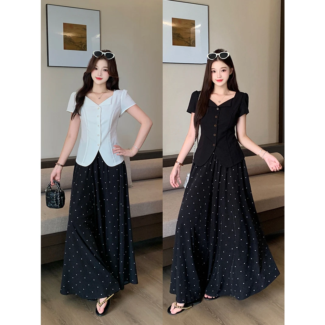 2025夏季新款微胖mm大码女装泡泡袖小衫上衣波点半身裙裤套装