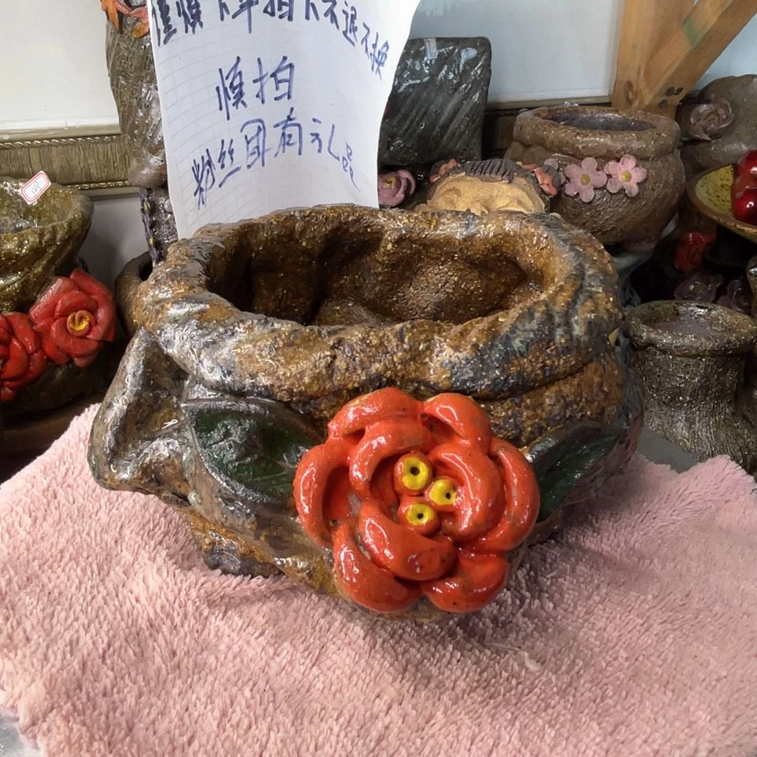 红陶粗砂陶手工花盆